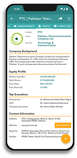 Investify company profile screen for PSX listed companies