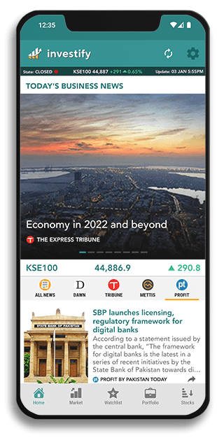 Investify home screen with Pakistan business news and PSX market summary