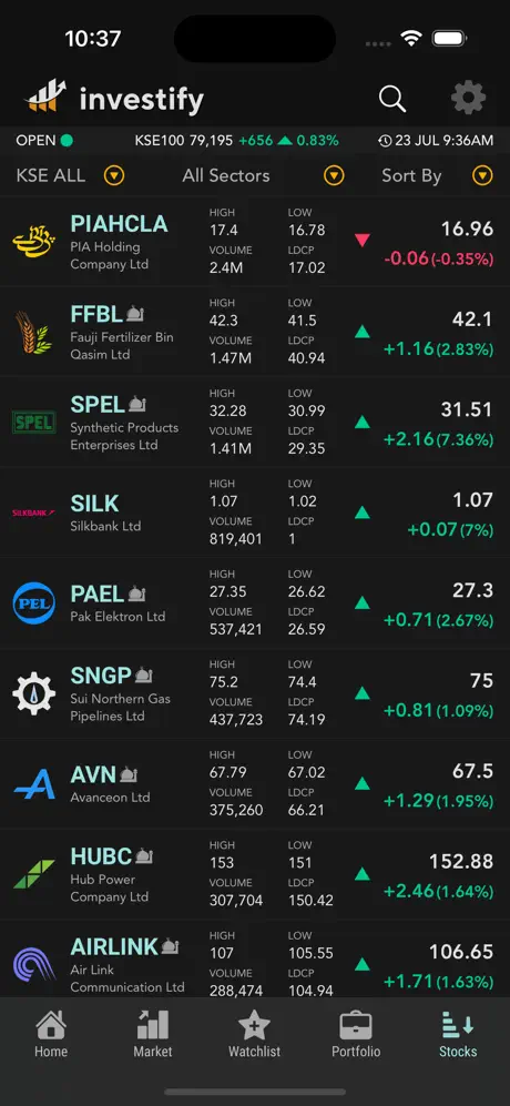 Investify app dark mode stock list for Pakistan Stock Exchange symbols